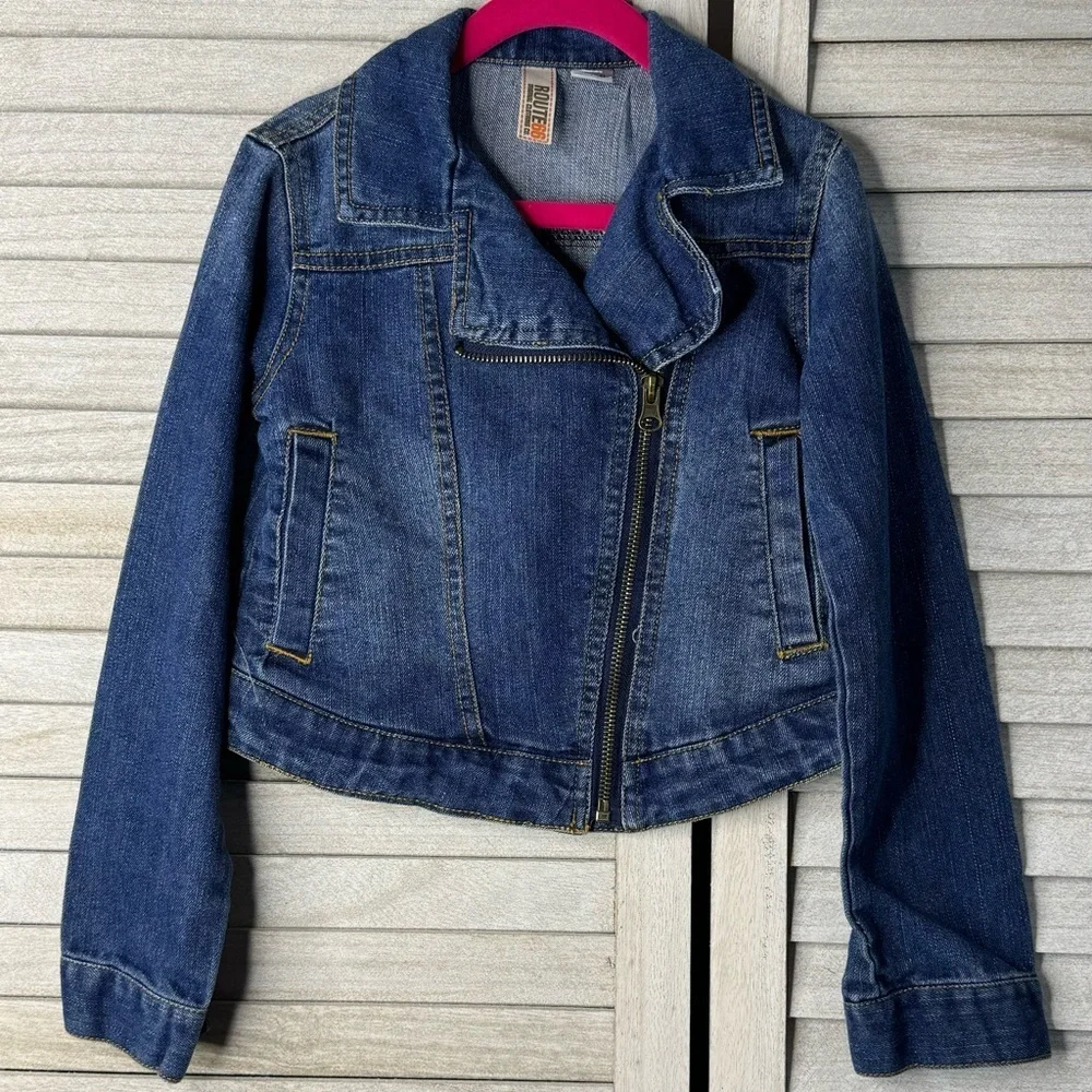 Route 66 Kids Moto Denim Jacket Size 6/6X Blue Jean Jacket Biker Style